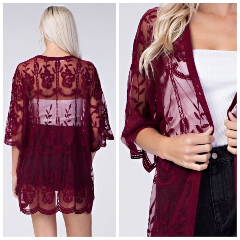 🖤Host Pick🖤 Maroon Sheer Lace Floral Kimono - Picture 3 of 5